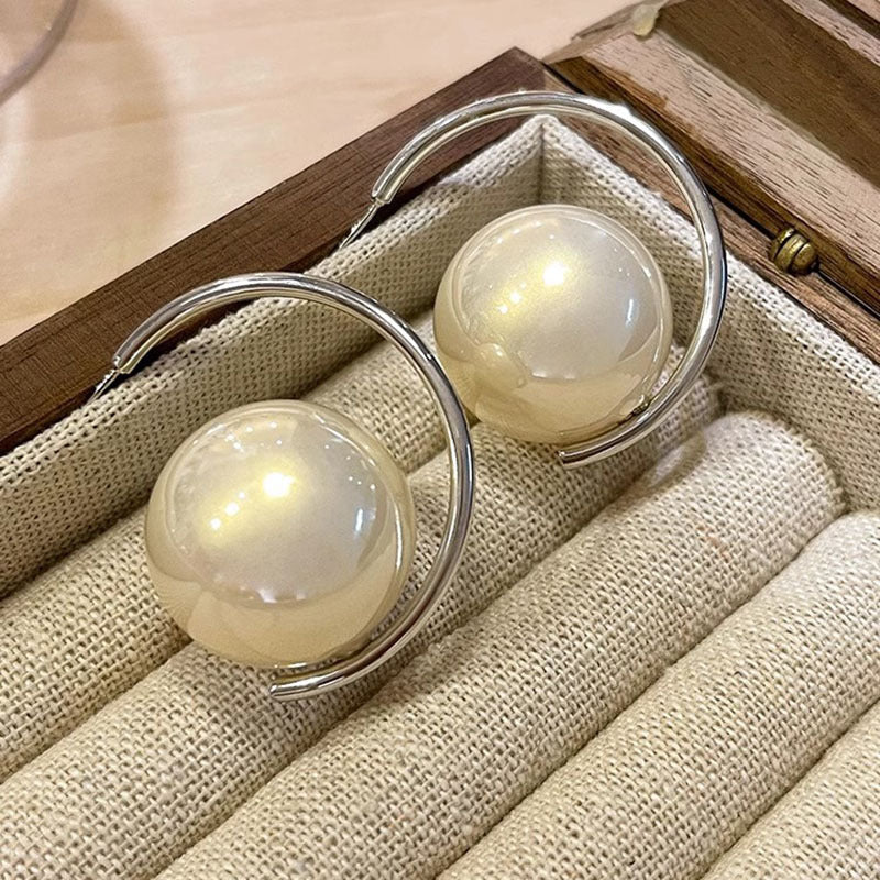 Silver Hoop Earrings with Oversized Pearl Accent