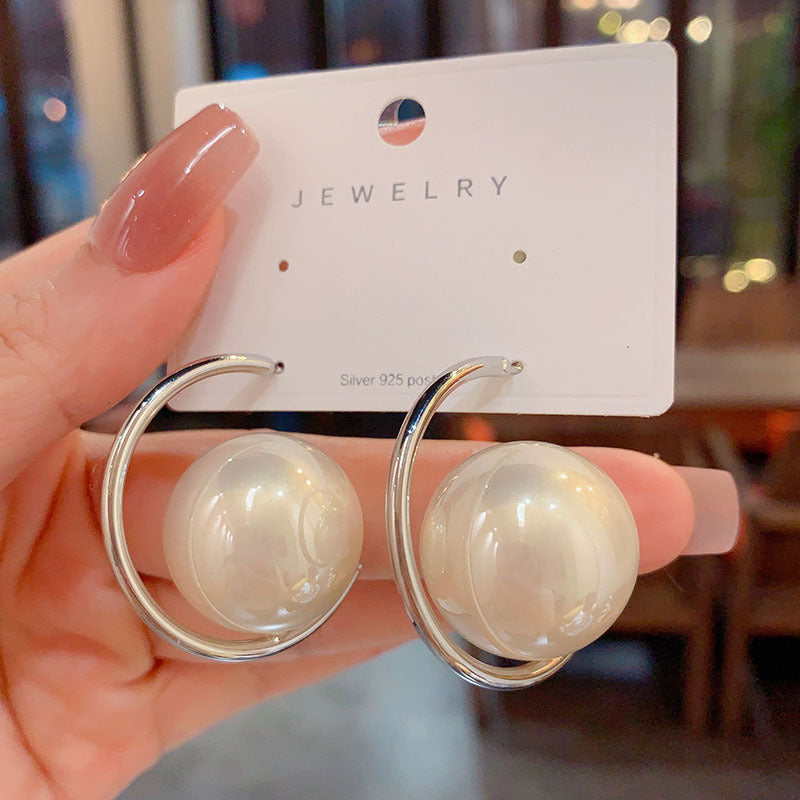 Silver Hoop Earrings with Oversized Pearl Accent